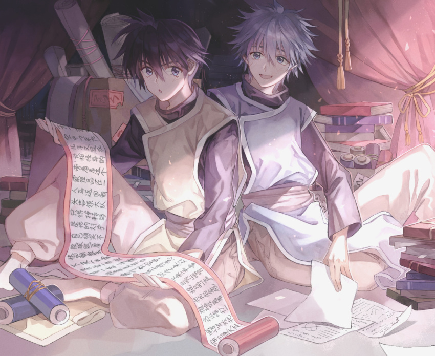 2boys bangs barefoot black_hair blue_eyes blue_hair book curtains fugen_shinjin hair_between_eyes holding holding_scroll houshin_engi kuromamechabita male_focus multiple_boys open_mouth paper scroll short_hair sitting sitting_on_ground smile studying taikoubou