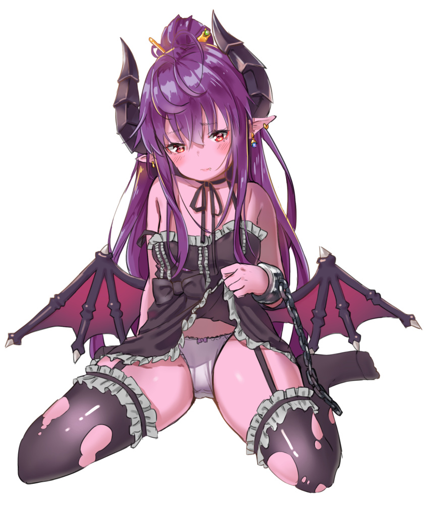 1girl agnamore bangs black_dress black_legwear black_ribbon blush bow bow_panties breasts closed_mouth collarbone commentary_request dragon_girl dragon_horns dragon_wings dress dress_lift ear_piercing earrings eyebrows_visible_through_hair fang fang_out frilled_dress frilled_legwear frills full_body garter_straps hair_between_eyes head_tilt high_ponytail highres horns jewelry lifted_by_self long_hair low_wings neck_ribbon no_shoes original panties piercing pointy_ears purple_hair red_eyes red_wings ribbon simple_background sitting sleeveless sleeveless_dress small_breasts solo strap_slip thigh-highs torn_clothes torn_thighhighs underwear very_long_hair wariza white_background white_panties wings