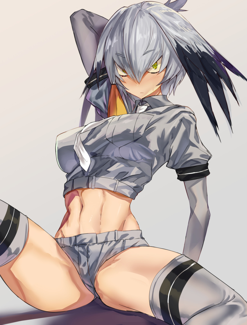 1girl adapted_costume arm_behind_head arm_up bangs black_hair blush bokki_oniisan breast_pocket breasts closed_mouth crop_top cropped_shirt eyebrows_visible_through_hair gluteal_fold green_eyes grey_background grey_hair grey_shirt grey_shorts hair_between_eyes highres kemono_friends long_hair long_sleeves looking_at_viewer low_ponytail midriff multicolored_hair navel necktie orange_hair pocket shirt shoebill_(kemono_friends) short_over_long_sleeves short_shorts short_sleeves shorts side_ponytail simple_background sitting slit_pupils solo spread_legs stomach thigh-highs toned white_neckwear