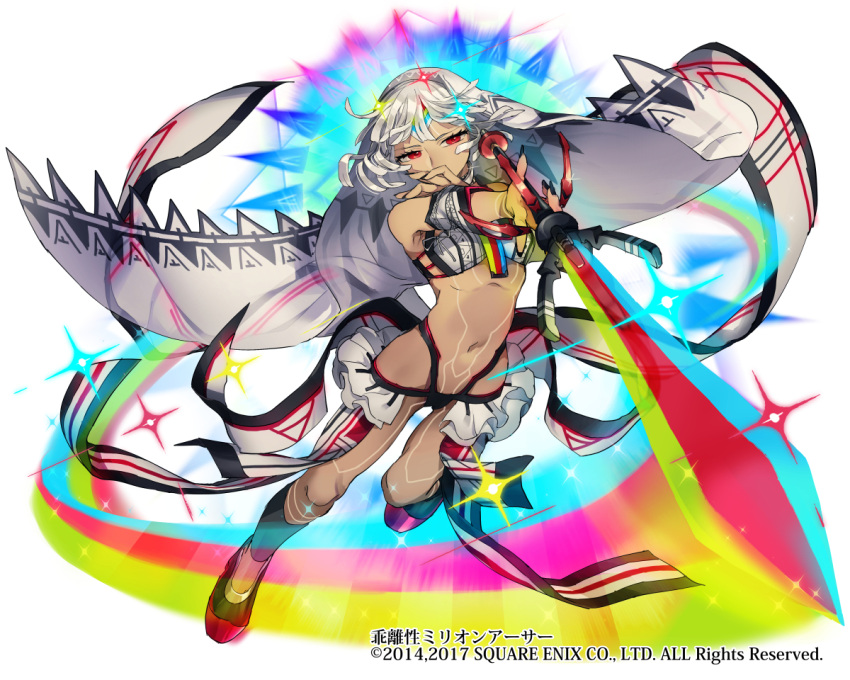 1girl akka altera_(fate) bangs bare_shoulders black_nails blunt_bangs breasts choker commentary_request dark_skin detached_sleeves fate/grand_order fate_(series) fingernails full_body full_body_tattoo headdress holding holding_sword holding_weapon jewelry legs light_trail midriff nail_polish navel photon_ray red_eyes red_footwear revealing_clothes showgirl_skirt skirt small_breasts socks solo stomach sword tagme tan tattoo thighs veil weapon white_hair white_skirt
