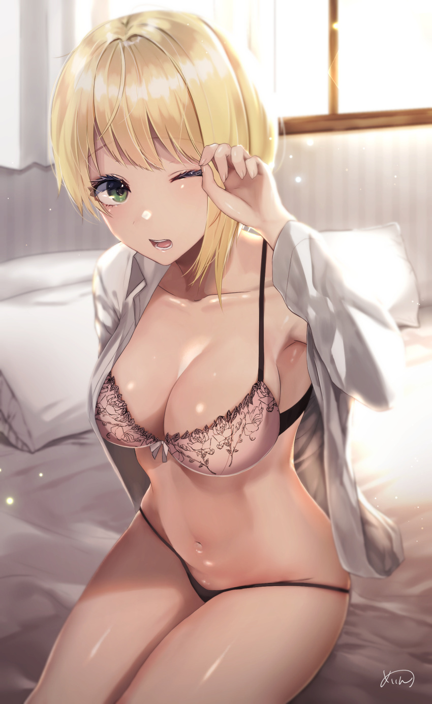 1girl asymmetrical_hair bangs bed blonde_hair bra breasts cleavage collarbone commentary eyebrows_visible_through_hair green_eyes highres idolmaster idolmaster_cinderella_girls indoors large_breasts looking_at_viewer miyamoto_frederica morning navel no_pants one_eye_closed open_clothes open_mouth open_shirt pillow sakiryo_kanna shirt short_hair signature single_sidelock sitting solo underwear