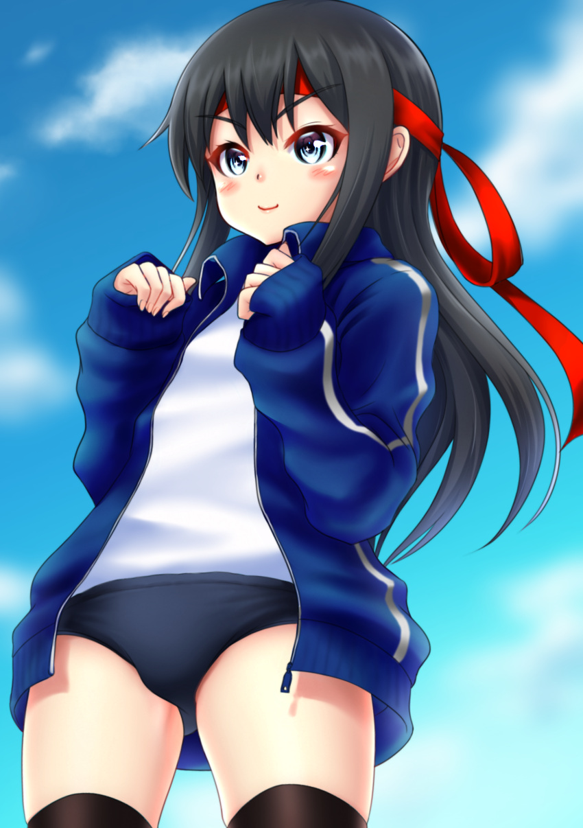 1girl absurdres asashio_(kantai_collection) ass black_hair black_legwear blue_buruma blue_eyes breasts brown_eyes brown_hair buruma eyebrows_visible_through_hair gluteal_fold gym_shirt gym_uniform headband highres jacket kantai_collection long_hair long_sleeves looking_at_viewer makura_(user_jpmm5733) open_clothes open_jacket outdoors shirt small_breasts solo thigh-highs track_jacket track_suit white_shirt