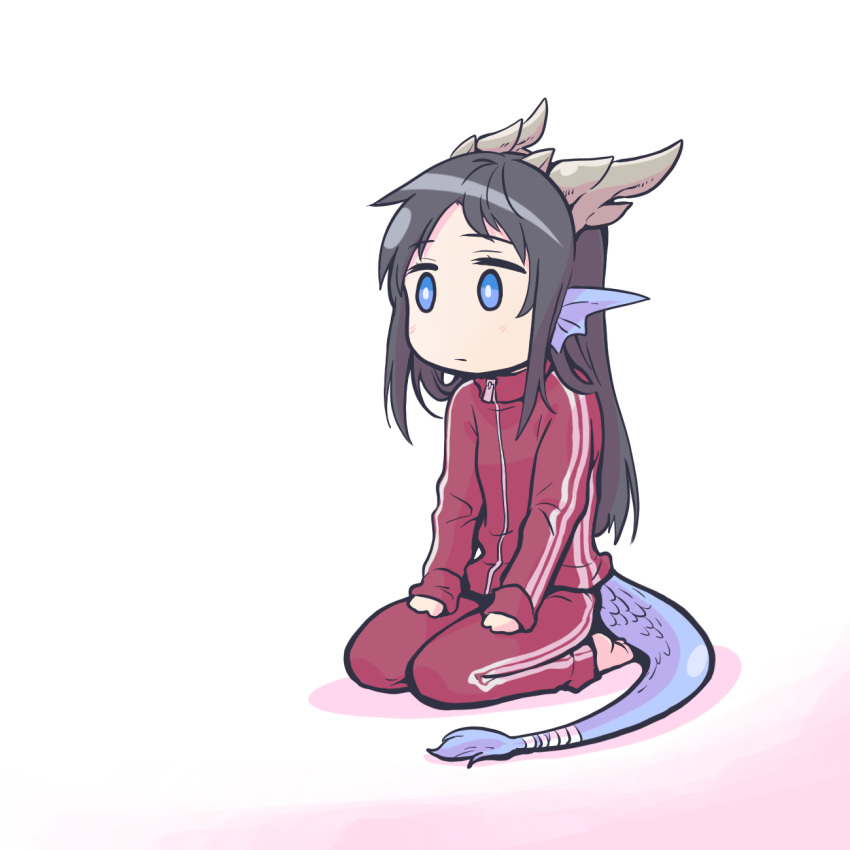 1girl animal_ears black_hair blue_eyes dragon_ears dragon_girl dragon_horns dragon_tail full_body highres horns ishiyumi karin_(p&amp;d) long_hair looking_away puzzle_&amp;_dragons seiza simple_background sitting solo tail track_suit white_background