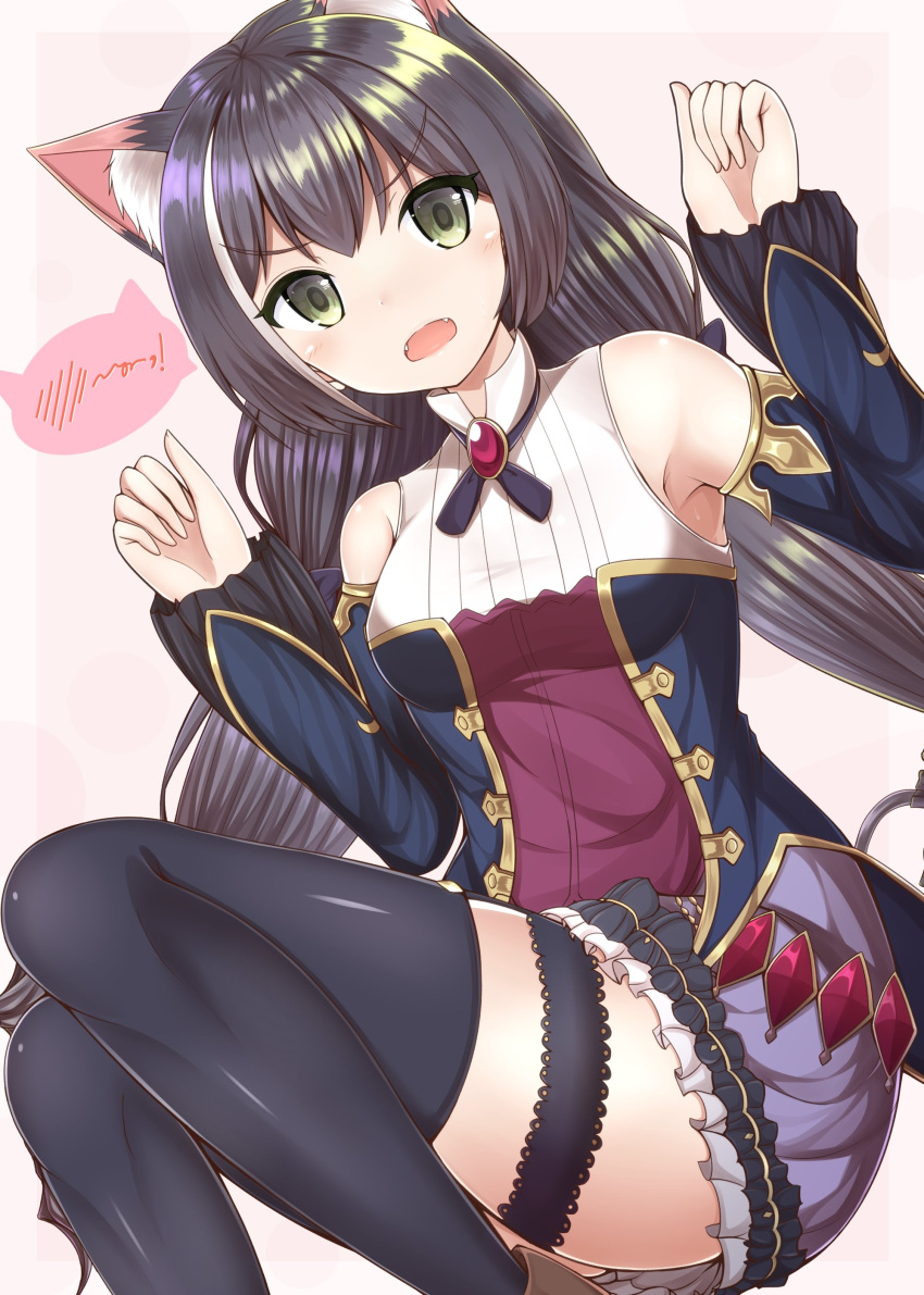 1girl absurdres animal_ears armpits bare_shoulders black_hair cat_ears commentary_request detached_sleeves eyebrows_visible_through_hair gem green_eyes highres kyaru_(princess_connect) long_hair long_sleeves low_twintails masa_masa multicolored_hair open_mouth princess_connect! princess_connect!_re:dive simple_background solo streaked_hair tail thigh-highs twintails very_long_hair white_hair