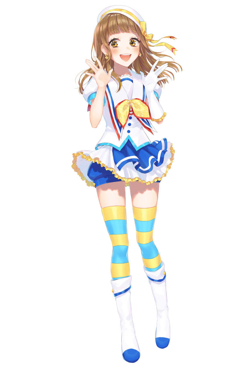 1girl :d absurdres aozora_jumping_heart asymmetrical_gloves blue_shorts blush boots bow brown_eyes brown_hair earrings floating_hair frilled_gloves frilled_skirt frills full_body gloves hat hat_bow hat_ribbon highres idol jewelry knee_boots long_hair looking_at_viewer love_live! love_live!_sunshine!! miniskirt open_mouth original pleated_skirt ribbon shirt short_shorts short_sleeves shorts shorts_under_skirt simple_background single_glove skirt smile solo standing striped striped_legwear sudach_koppe thigh-highs white_background white_footwear white_gloves white_hat white_shirt white_skirt yellow_bow yellow_ribbon zettai_ryouiki