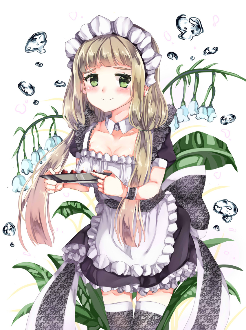 1girl absurdres blush choker green_eyes hair_ornament highres light_brown_hair looking_at_viewer low_twintails maid maid_dress maplestory pantyhose smile twintails user_sekn8548