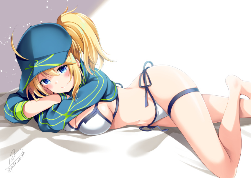 1girl artoria_pendragon_(all) azuma_yuki bangs bare_arms barefoot baseball_cap bed_sheet bikini blonde_hair blue_eyes blue_hat breasts cleavage closed_mouth crossed_arms eyebrows_visible_through_hair fate/grand_order fate_(series) hair_between_eyes hair_through_headwear hat head_tilt high_ponytail large_breasts long_sleeves mysterious_heroine_xx_(foreigner) ponytail side-tie_bikini signature smile solo swimsuit thigh_strap twitter_username white_bikini