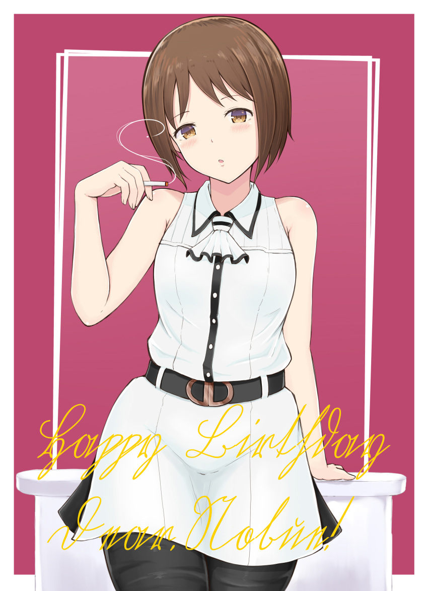1girl :o absurdres arm_support arm_up ascot bangs belt belt_buckle black_legwear blush brown_eyes brown_hair buckle character_name cigarette collared_dress commentary_request dress happy_birthday head_tilt highres holding holding_cigarette ichigo_mashimaro itou_nobue looking_at_viewer pantyhose parted_lips short_hair side_slit smoke smoking solo table temari_rin two-tone_background white_dress white_neckwear wing_collar