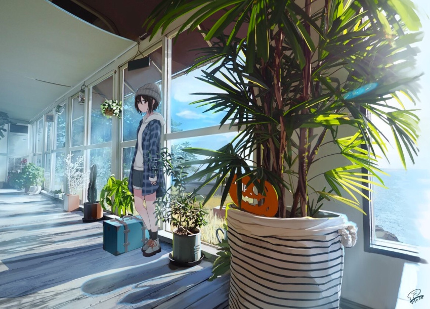 1girl artist_name beanie black_hair cactus hat indoors original plant potted_plant sakeharasu scenery short_hair signature solo standing suitcase tree window