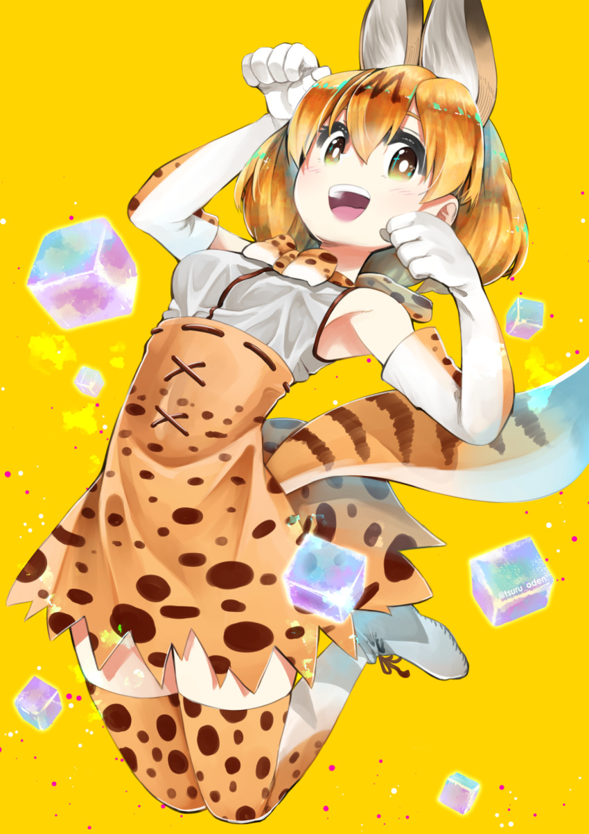 1girl 2girls :d animal_ears armpits arms_up artist_name bangs bow bowtie breasts brown_eyes brown_skirt clenched_hand commentary_request elbow_gloves extra_ears gloves hair_between_eyes high-waist_skirt highres kemono_friends looking_at_viewer multiple_girls open_mouth pawoo_username print_gloves print_neckwear rainys_bill ribbon-trimmed_skirt ribbon_trim round_teeth serval_(kemono_friends) serval_ears serval_print serval_tail shirt shoes skirt sleeveless sleeveless_shirt small_breasts smile striped_tail tail teeth thigh-highs tongue twitter_username white_shirt yellow_background zettai_ryouiki
