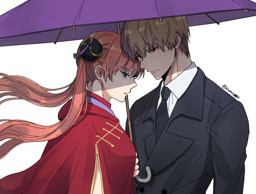 1boy 1girl absurdres black_jacket black_neckwear blue_eyes brown_hair couple floating_hair gintama hair_between_eyes hair_bun highres holding holding_umbrella jacket kagura_(gintama) kwonrugger long_hair necktie okita_sougo oriental_umbrella purple_umbrella red_eyes shirt simple_background twintails umbrella upper_body very_long_hair white_background white_shirt