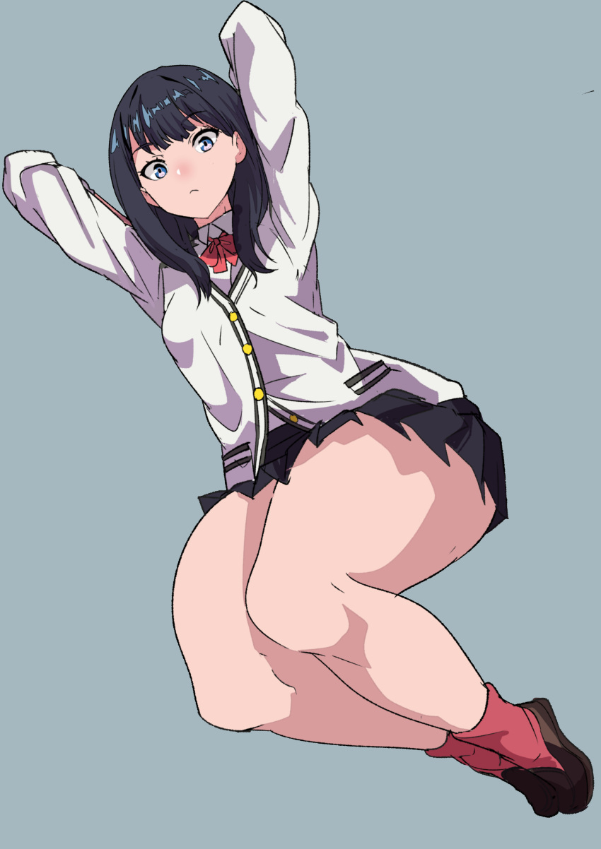 1girl absurdres arms_up blue_eyes blue_hair breasts cardigan full_body highres julioalqae long_sleeves pleated_skirt red_neckwear school_uniform sitting skirt solo ssss.gridman takarada_rikka thick_thighs thighs