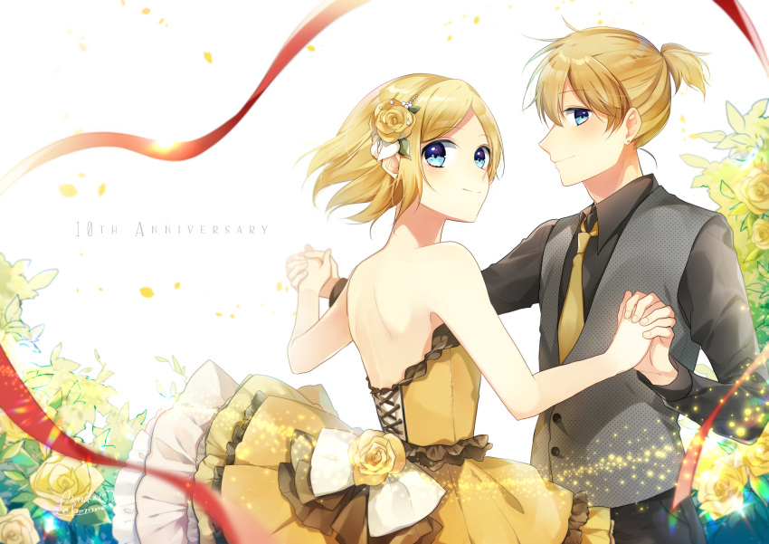 1boy 1girl black_dress black_pants black_shirt blonde_hair blue brother_and_sister dress eyebrows_visible_through_hair eyes floating_hair flower hair_between_eyes hair_flower hair_ornament hand_holding highres interlocked_fingers kagamine_len kagamine_rin kaname_monika looking_at_viewer necktie pants petals red_ribbon ribbon rose shiny shiny_hair shirt short_ponytail siblings sleeveless sleeveless_dress smile strapless strapless_dress vocaloid yellow_dress yellow_flower yellow_neckwear yellow_rose