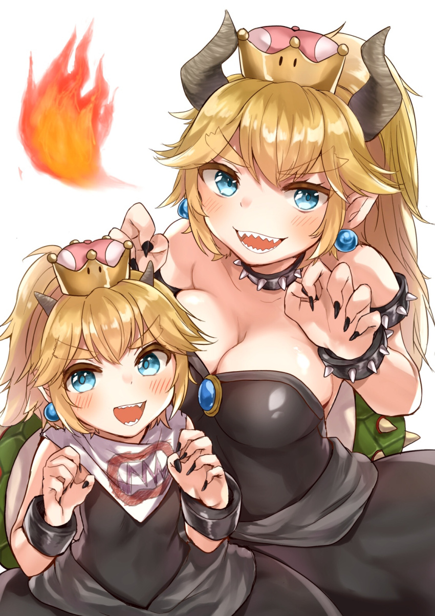 2girls bandanna bangs bare_shoulders black_collar black_dress blonde_hair blue_eyes blush bowsette bowsette_jr. bracelet breasts breathing_fire brooch claw_pose cleavage collar commentary dress earrings eyebrows_visible_through_hair fingernails fire highres horns jewelry koretsuna large_breasts long_hair looking_at_viewer super_mario_bros. medium_dress mother_and_daughter multiple_girls new_super_mario_bros._u_deluxe nintendo open_mouth pointy_ears ponytail sharp_fingernails sharp_teeth short_ponytail simple_background small_breasts smile spiked_armlet spiked_bracelet spiked_collar spiked_shell spikes standing strapless strapless_dress super_crown teeth turtle_shell white_background