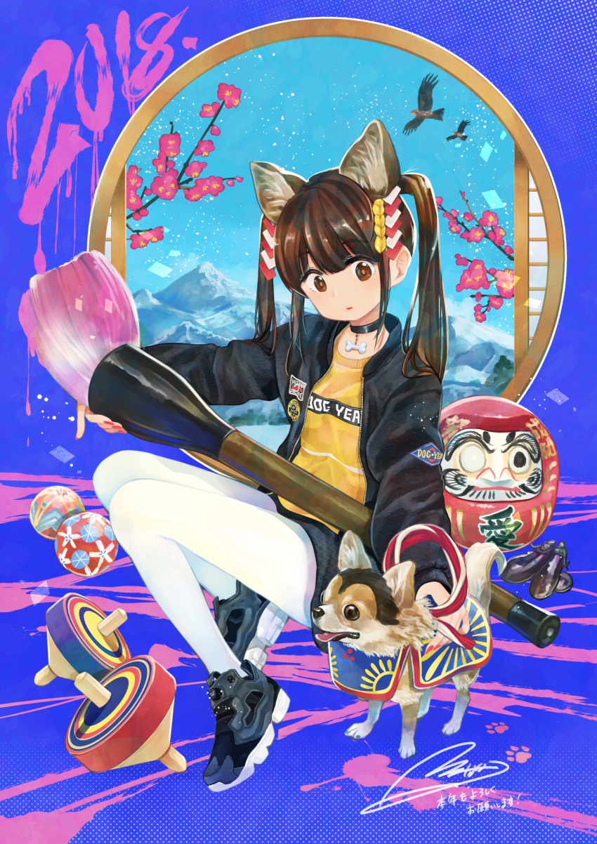 1girl 2018 animal_ears bird black_choker black_footwear black_jacket blue_sky bone branch brown_eyes brown_hair cat_ears chihuahua chinese_zodiac choker clothes_writing commentary_request daruma_doll eagle eggplant flower full_body head_tilt highres jacket jewelry long_hair long_sleeves looking_at_viewer mountain nail_polish nengajou new_year open_clothes open_jacket original oversized_object paint paintbrush pantyhose patch paw_print pendant pink_flower rainys_bill shirt shoes signature sitting sky sneakers solo star_(sky) starry_sky translated twintails white_legwear year_of_the_dog yellow_shirt