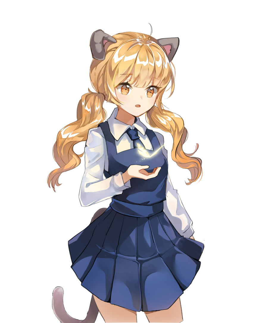 1girl absurdres animal_ears blade_&amp;_soul blue_dress blue_neckwear brown_eyes brown_hair bug butterfly cat_ears cat_tail dress highres insect long_hair lyn_(blade_&amp;_soul) necktie open_mouth school_uniform shirt simple_background solo tail twintails white_background white_shirt