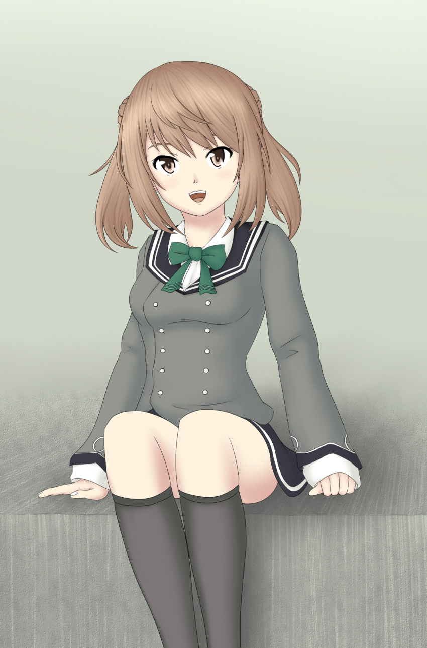 1girl ascot black_legwear breasts double_bun dress grey_background grey_jacket hair_bun hair_flaps highres jacket kantai_collection kneehighs light_brown_hair long_sleeves looking_at_viewer michishio_(kantai_collection) open_mouth pinafore_dress remodel_(kantai_collection) shirt short_twintails simple_background sitting small_breasts smile solo twintails white_shirt yellow_eyes yuzuzen