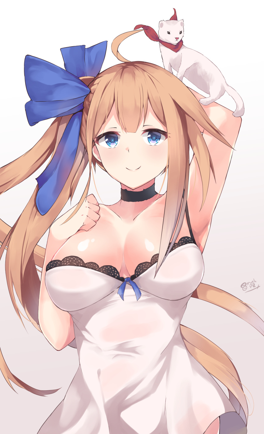 1girl absurdres ahoge animal_on_arm arm_up armpits bangs black_bra blonde_hair blue_bow blue_eyes blush bow bra breasts choker cleavage closed_mouth eyebrows_visible_through_hair fal_(girls_frontline) ferret girls_frontline grey_background hair_between_eyes hair_ribbon hand_up highres k-doku large_breasts lingerie long_hair looking_at_viewer ribbon scarf side_ponytail sidelocks signature simple_background smile solo underwear very_long_hair