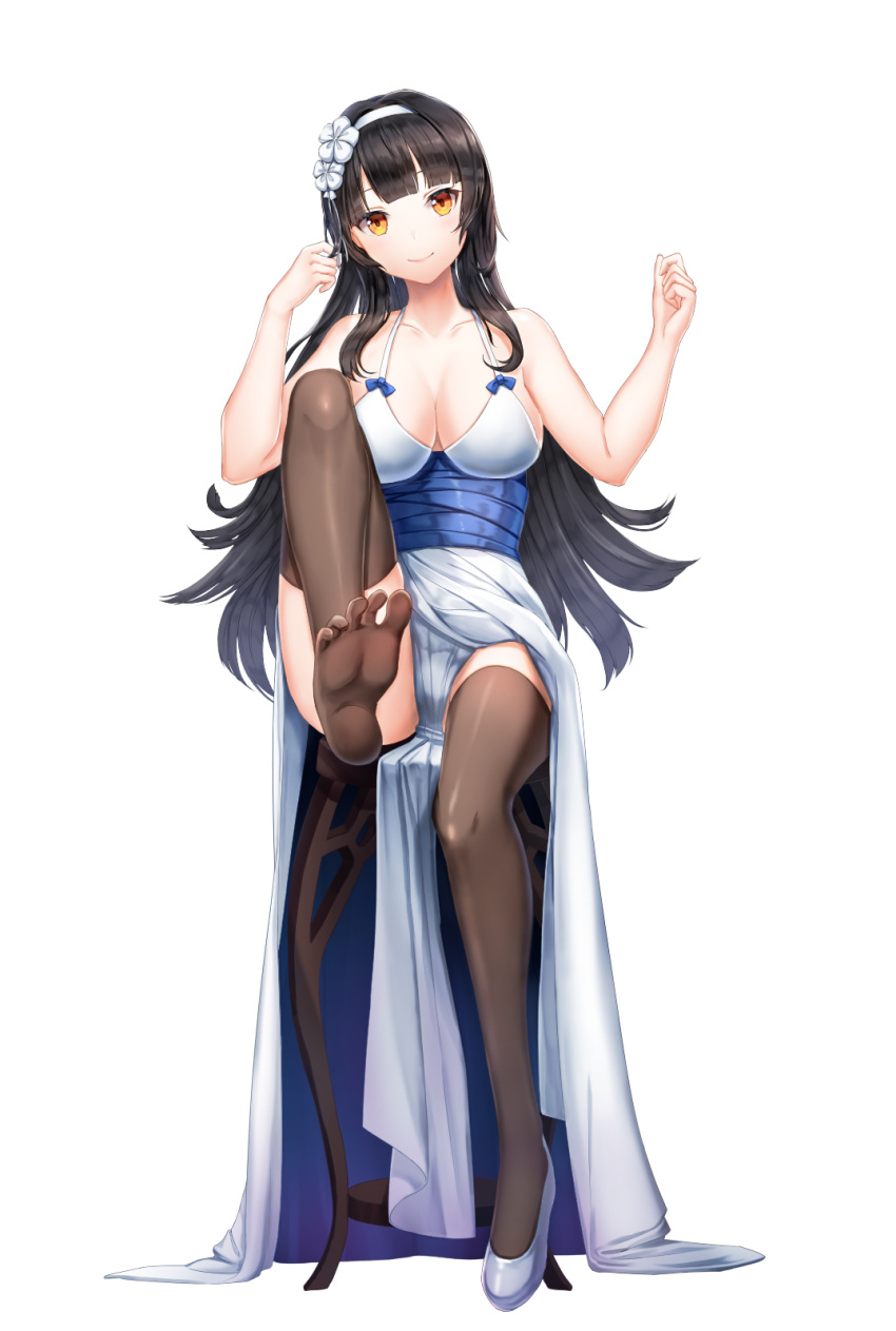 1girl bare_shoulders breasts brown_eyes brown_legwear cleavage detached_sleeves flower full_body girls_frontline hair_flower hair_ornament hairband highres jewelry large_breasts leg_up long_hair lunacle necklace qbz-95_(girls_frontline) sitting smile soles stool thigh-highs very_long_hair whip white_background white_hairband