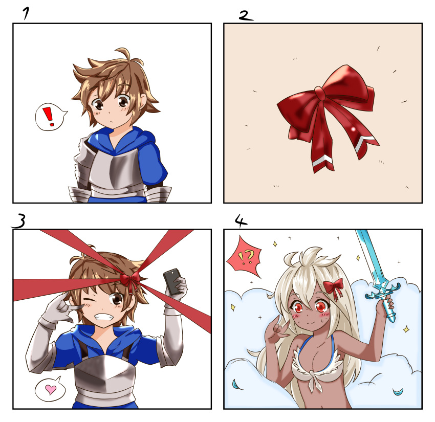 ! !? absurdres armor artist_request bad_id bad_pixiv_id blonde_hair blue_shirt blush bow breastplate breasts brown_eyes brown_hair cellphone confused dark_skin eyebrows eyebrows_visible_through_hair gauntlets genderswap genderswap_(mtf) gran_(granblue_fantasy) granblue_fantasy hair_bow heart highres holding holding_sword holding_weapon long_hair medium_breasts phone pose red_eyes self_shot shirt short_hair smoke spoken_heart sweat sweatdrop swimsuit sword transformation weapon zooey_(granblue_fantasy)