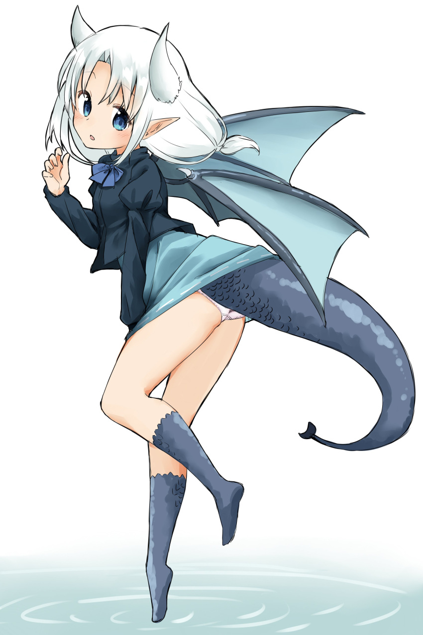 1girl absurdres ass blue_bow blue_dress blue_jacket blue_legwear blue_wings blush bow commentary_request dragon_horns dragon_tail dragon_wings dress fingernails full_body hand_up head_tilt highres horns jacket juliet_sleeves kneehighs long_hair long_sleeves looking_at_viewer looking_to_the_side low-tied_long_hair no_shoes original panties pink_panties pointy_ears puffy_sleeves ripples scales sekira_ame soles solo tail underwear water white_background white_hair wings