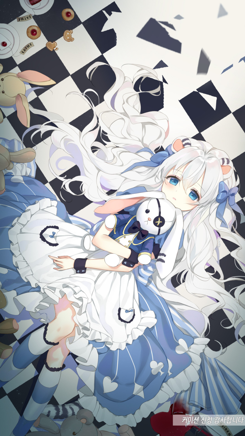 1girl alice_(wonderland) alice_in_wonderland animal_ears apron bangs black_neckwear blue_bow blue_dress blue_eyes blue_jacket blush bow bowtie cat_ears cat_tail checkered closed_mouth club_(shape) commission cookie cup diamond_(shape) dress drink drink_me drinking_glass dutch_angle eat_me eyebrows_visible_through_hair eyepatch food frilled_apron frills hair_between_eyes hair_bow heart highres jacket kneehighs long_hair looking_at_viewer lying mullpull object_hug on_back open_clothes open_jacket plate print_dress puffy_short_sleeves puffy_sleeves ribbon short_sleeves silver_hair solo spade_(shape) striped striped_bow striped_legwear striped_ribbon striped_tail stuffed_animal stuffed_bunny stuffed_toy tail teddy_bear tiger_ears tiger_tail very_long_hair white_apron wrist_cuffs