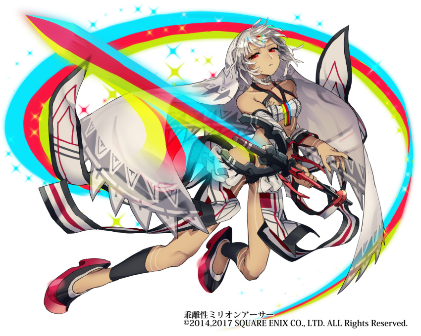1girl akka altera_(fate) bangs bare_shoulders black_nails blunt_bangs breasts choker collarbone commentary_request dark_skin detached_sleeves fate/grand_order fate_(series) fighting_stance full_body full_body_tattoo headdress holding holding_sword holding_weapon jewelry legs nail_polish photon_ray red_eyes red_footwear revealing_clothes short_hair small_breasts socks solo sword tagme tan tattoo thighs veil weapon white_hair