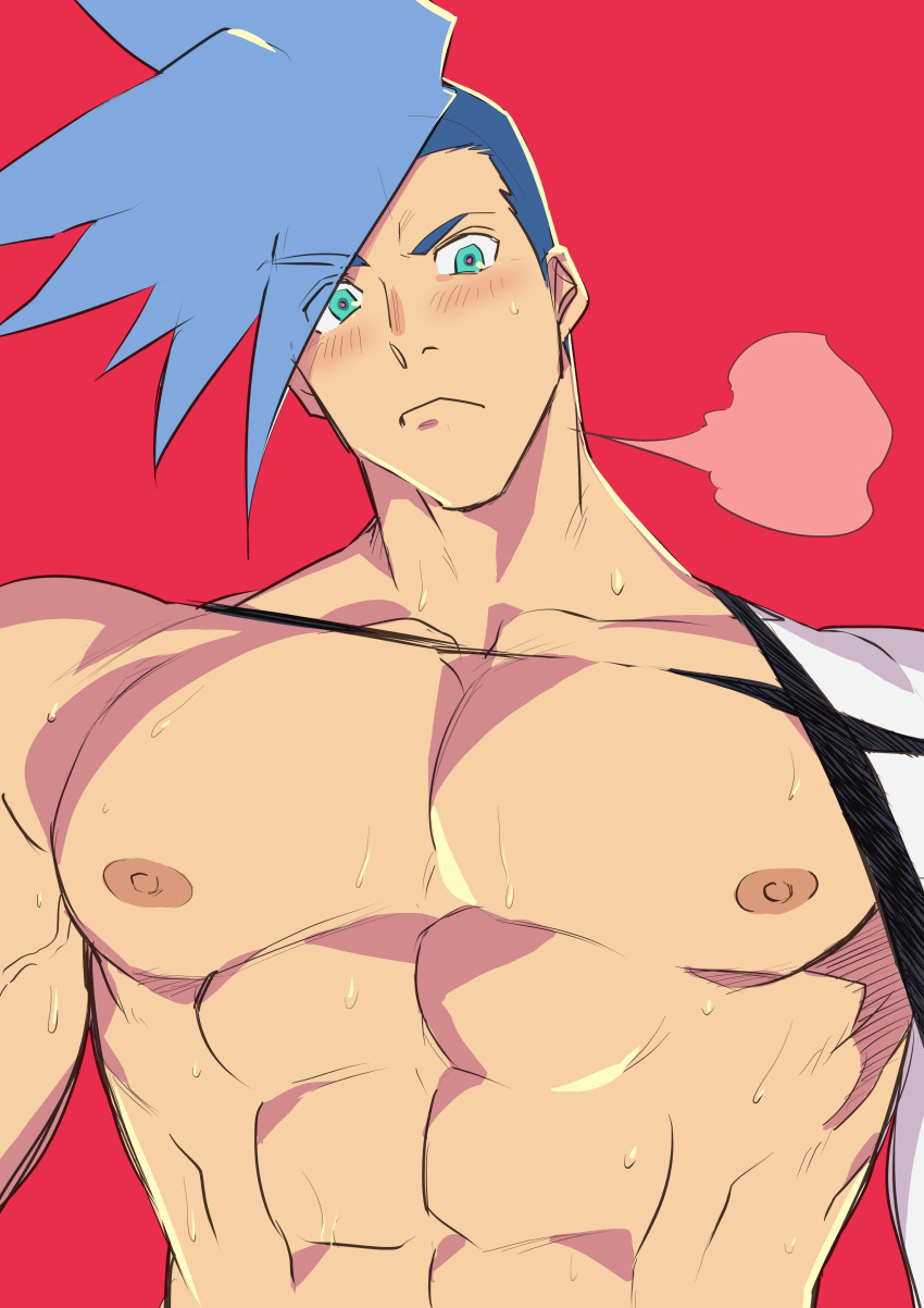 1boy abs absurdres blue_hair blush breath closed_mouth galo_(promare) green_eyes haiki_(tegusu) highres igote looking_at_viewer male_focus nipples pectorals promare red_background simple_background solo spiky_hair sweat