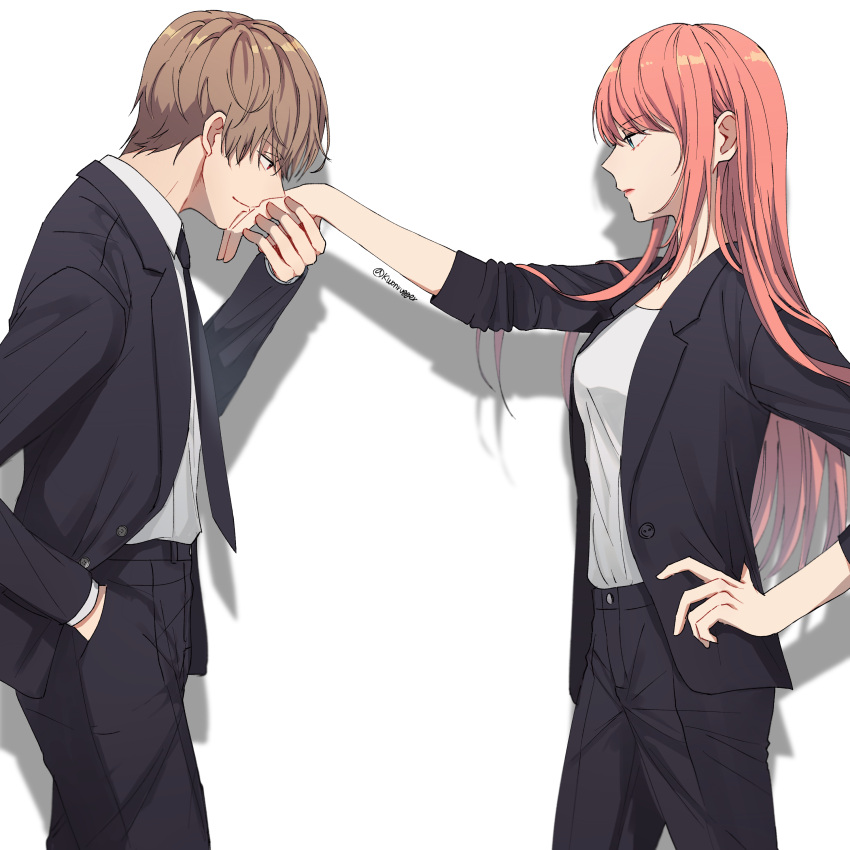 1boy 1girl absurdres black_jacket black_neckwear black_pants blue_eyes brown_hair from_side gintama grey_shirt hand_in_pocket hand_kiss hand_on_hip highres jacket kagura_(gintama) kiss kwonrugger long_hair necktie okita_sougo open_clothes open_jacket orange_hair pants shiny shiny_hair shirt simple_background smile white_background