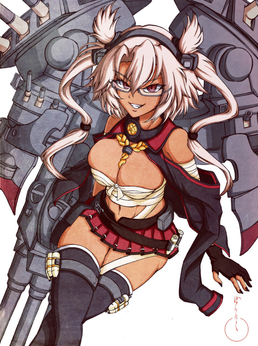 1girl bandage black_gloves black_legwear blonde_hair breasts budget_sarashi cannon capelet cartridge cleavage collar commentary dark_skin fingerless_gloves glasses gloves hair_between_eyes headgear highres kantai_collection large_breasts light_brown_hair machinery miniskirt musashi_(kantai_collection) partly_fingerless_gloves pointy_hair red_eyes sarashi semi-rimless_eyewear short_hair_with_long_locks signature simple_background sitting skirt smile smokestack solo thigh-highs turret twintails two_side_up under-rim_eyewear vann_nico3