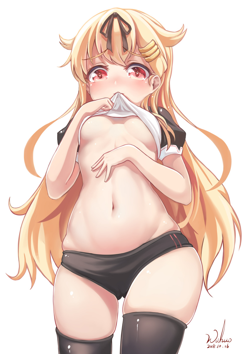 1girl absurdres black_legwear black_panties blonde_hair bow breasts commentary_request from_below hair_bow hair_flaps hair_ornament hair_ribbon hairclip highres kantai_collection lifted_by_self long_hair looking_at_viewer looking_down medium_breasts mouth_hold navel panties red_eyes remodel_(kantai_collection) ribbon school_uniform serafuku simple_background solo thigh-highs under_boob underwear white_background wuhuo yuudachi_(kantai_collection)