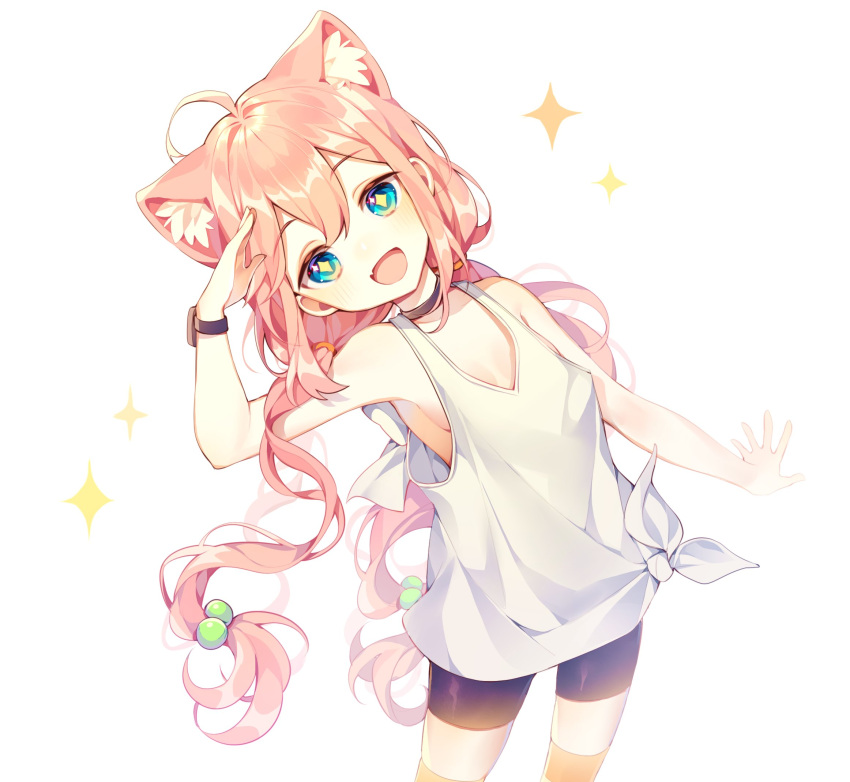 +_+ 1girl ahoge animal_ears arm_up bike_shorts blue_eyes blush breasts cat_ears choker eyebrows_visible_through_hair ha_youn hair_bobbles hair_ornament highres hinata_channel kneehighs long_hair looking_at_viewer nekomiya_hinata open_mouth orange_legwear pink_hair simple_background small_breasts smile solo sparkle striped striped_legwear twintails very_long_hair white_background