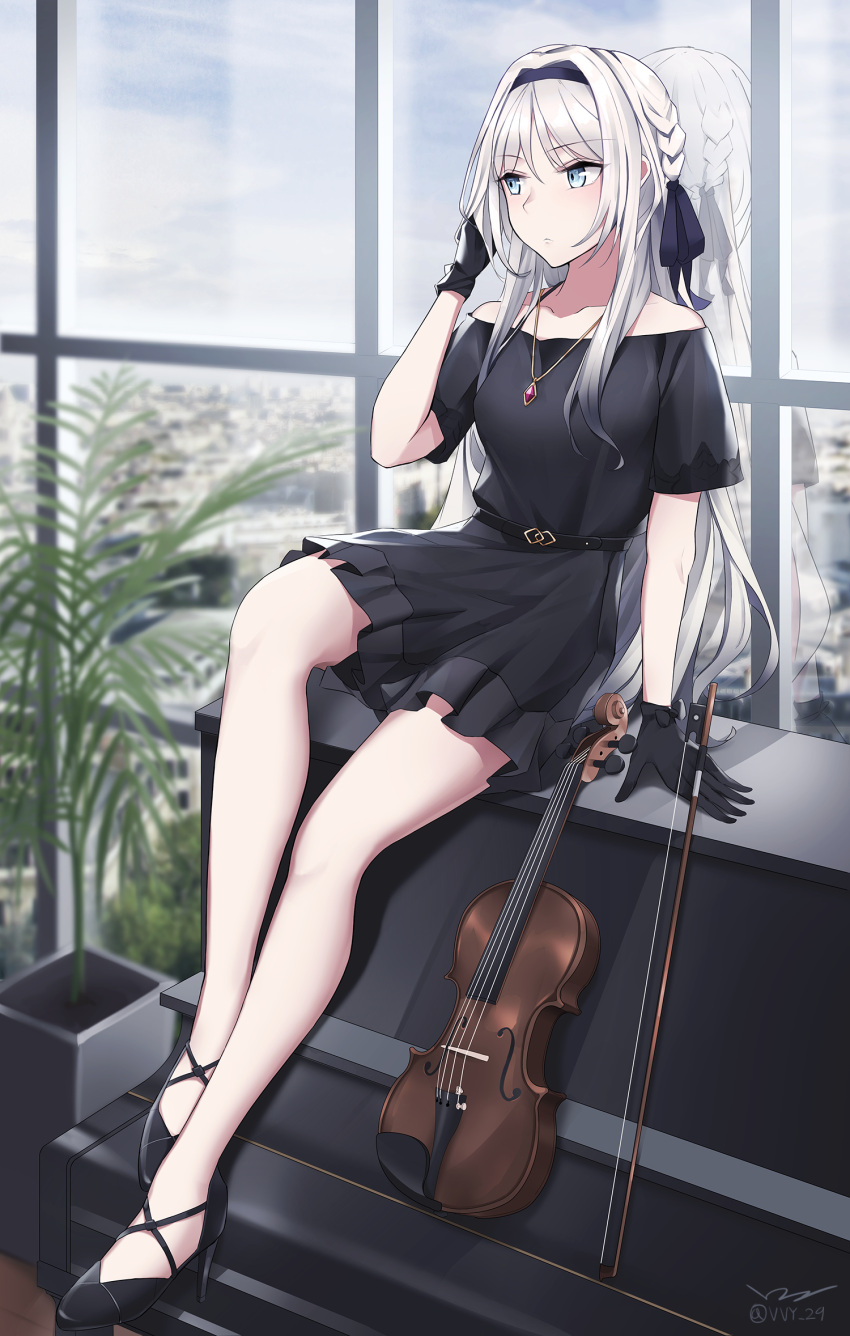 1girl an-94_(girls_frontline) arm_at_side bangs bare_legs bare_shoulders belt black_dress black_footwear black_gloves black_hairband black_ribbon blue_eyes blush braid cityscape closed_mouth clouds cloudy_sky collarbone commentary day dress eyebrows_visible_through_hair full_body girls_frontline gloves hair_ribbon hairband hand_in_hair hand_up high_heels highres indoors instrument knee_up long_hair looking_away looking_to_the_side off-shoulder_dress off_shoulder parted_bangs piano plant potted_plant reflection ribbon shiny shiny_hair short_sleeves side_braid signature sitting sky solo twitter_username violin vvy white_hair window