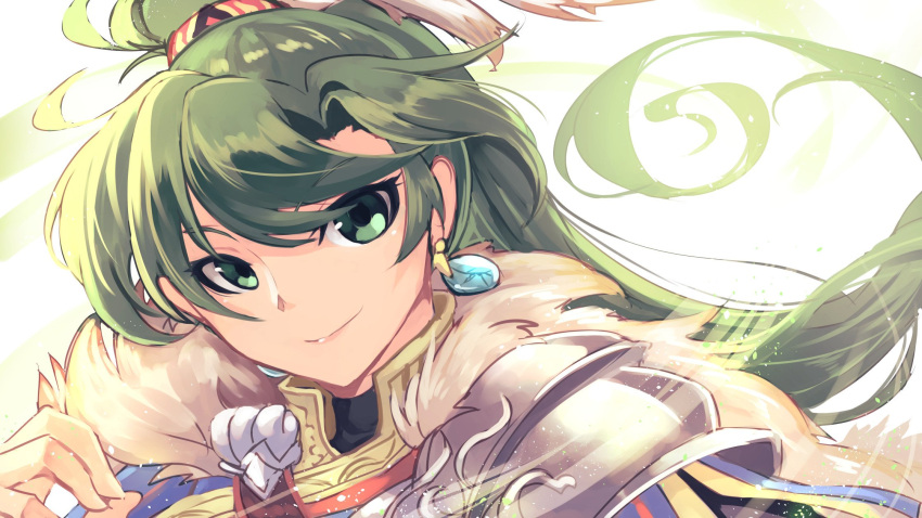 1girl closed_mouth earrings fire_emblem fire_emblem:_rekka_no_ken fire_emblem_heroes green_eyes green_hair highres jewelry long_hair lyndis_(fire_emblem) nakabayashi_zun nintendo ponytail simple_background smile solo white_background