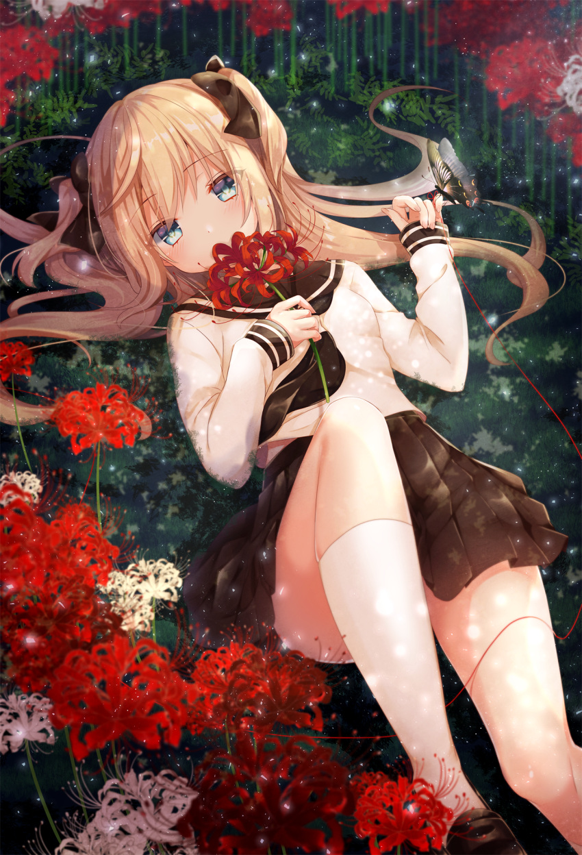 1girl black_bow black_skirt blonde_hair blue_eyes blurry blush bow breasts butterfly_on_finger butterfly_on_hand convenient_leg covering_mouth depth_of_field emori_el emori_miku_project eyebrows_visible_through_hair fingernails flower gomano_rio hair_bow hand_on_own_chest highres holding holding_flower knee_up kneehighs loafers long_hair long_sleeves looking_at_viewer lying miniskirt neckerchief official_art on_back on_grass outdoors pleated_skirt red_flower red_string school_uniform serafuku shirt shoes skirt sleeves_past_wrists small_breasts solo spider_lily string two_side_up white_legwear white_shirt