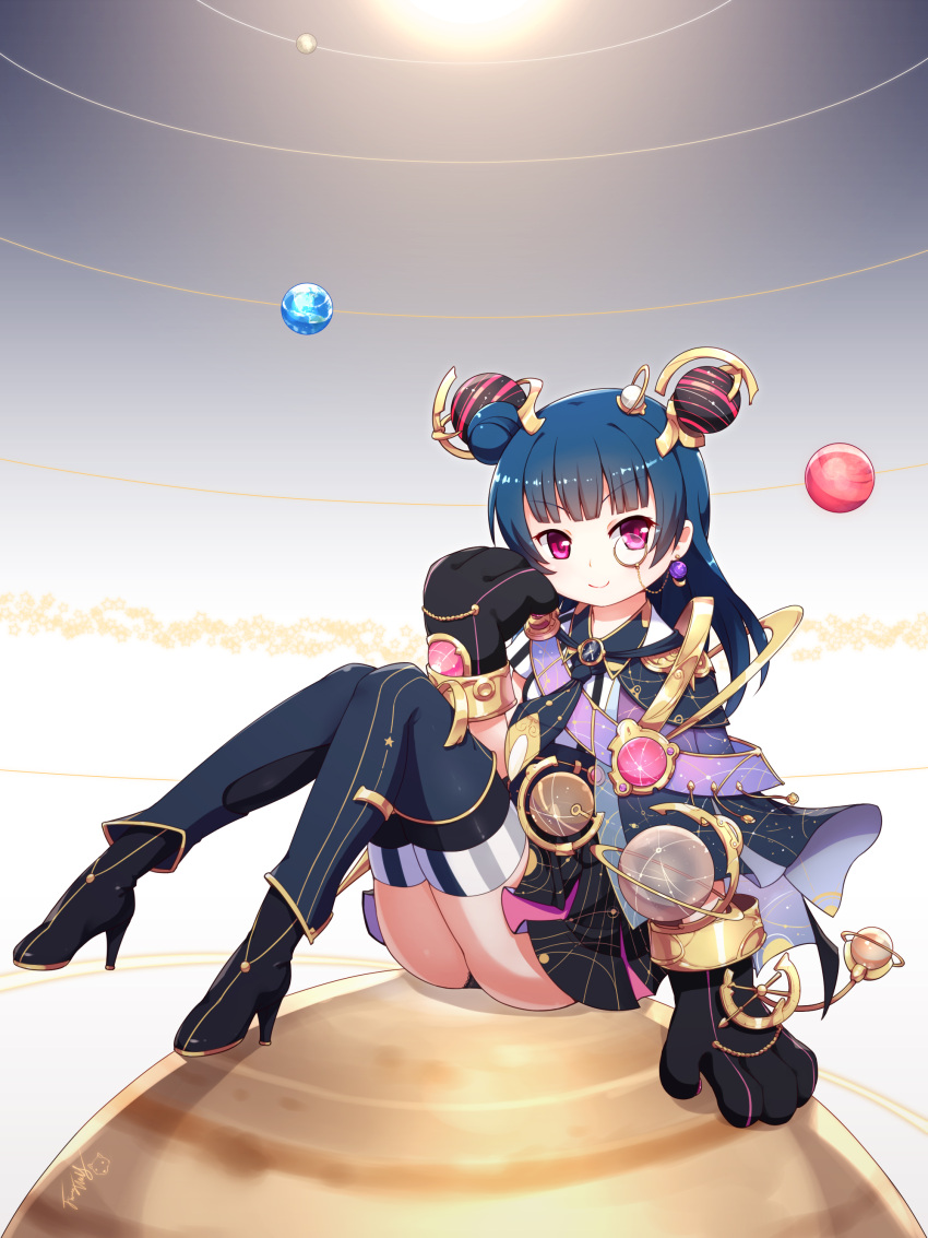 &gt;:) 1girl absurdres ass black_footwear black_panties black_skirt blue_hair boots closed_mouth collared_shirt double_bun earth globe gloves hand_up head_tilt high_heel_boots high_heels highres lace lace-trimmed_panties langbazi long_hair love_live! love_live!_sunshine!! mars monocle panties paw_gloves paws planet pleated_skirt semi-rimless_eyewear shirt short_sleeves side_bun signature skirt smile solo striped tsushima_yoshiko under-rim_eyewear underwear v-shaped_eyebrows vertical-striped_skirt vertical_stripes violet_eyes white_shirt