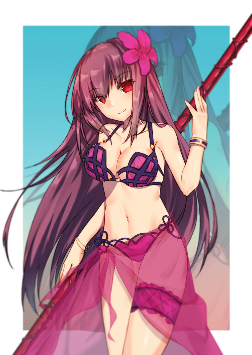 absurdres alternate_costume bikini blur bracelet breasts commentary_request fate/grand_order fate_(series) flower gae_bolg hair_flower hair_intakes hair_ornament hibiscus highres jewelry leg_garter long_hair medium_breasts mo_(pixiv9929995) nail_polish navel polearm purple_bikini purple_hair purple_sarong red_eyes sarong scathach_(fate)_(all) scathach_(fate/grand_order) scathach_(swimsuit_assassin)_(fate) spear swimsuit weapon zoom_layer