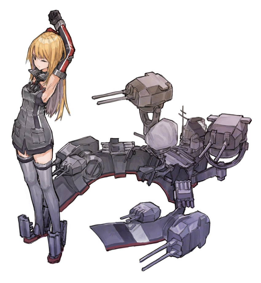 1girl air_qh anchor bismarck_(kantai_collection) blonde_hair blue_eyes brown_gloves cannon detached_sleeves full_body gloves grey_legwear hat hat_removed headwear_removed highres kantai_collection long_hair machinery military military_hat military_uniform one_eye_closed peaked_cap solo standing stretch thigh-highs turret uniform