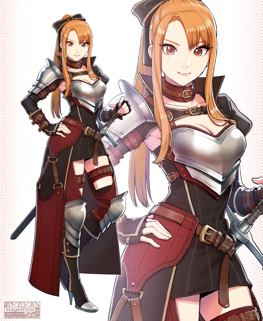 1girl arm_belt armored_boots bangs belt black_bow black_dress boots bow breastplate breasts cleavage collar dress fingerless_gloves gloves hair_bow hand_on_hip high_heels highres knight long_hair looking_at_viewer multiple_belts nekobayashi_(nekoforest) orange_eyes orange_hair original ponytail sheath sheathed short_dress shrug_(clothing) sidelocks small_breasts smile solo standing standing_on_one_leg sword weapon zoom_layer