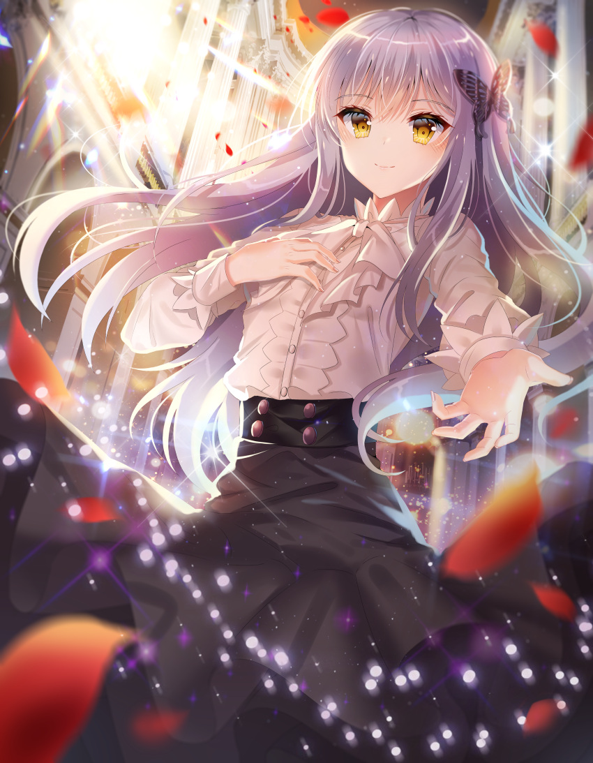 1girl absurdres bang_dream! bangs black_shirt blurry blurry_background blurry_foreground blush brown_eyes butterfly_hair_ornament chromatic_aberration closed_mouth commentary_request dated dress_shirt ecu8080 eyebrows_visible_through_hair fingernails hair_between_eyes hair_ornament highres huge_filesize indoors long_hair long_sleeves minato_yukina petals purple_hair shirt smile solo standing sunlight very_long_hair white_shirt