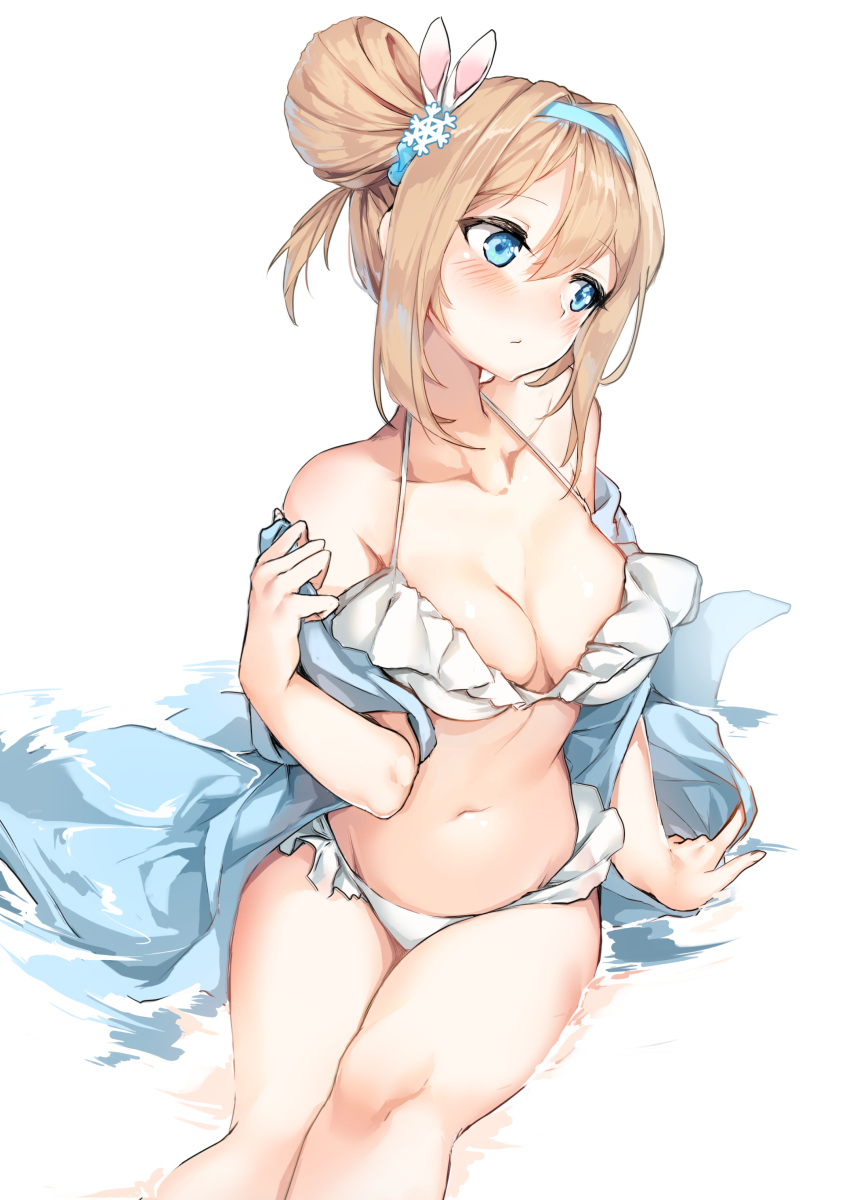 1girl absurdres arm_support bangs bare_shoulders bikini blue_eyes blue_hairband blue_jacket blush breasts cleavage closed_mouth collarbone commentary_request cowboy_shot eyebrows_visible_through_hair frilled_bikini frills girls_frontline hair_between_eyes hair_intakes hair_ornament hairband halter_top halterneck hansal highres jacket light_brown_hair looking_to_the_side medium_breasts navel one_side_up side_bun sidelocks sitting snowflake_hair_ornament suomi_kp31_(girls_frontline) swimsuit white_bikini