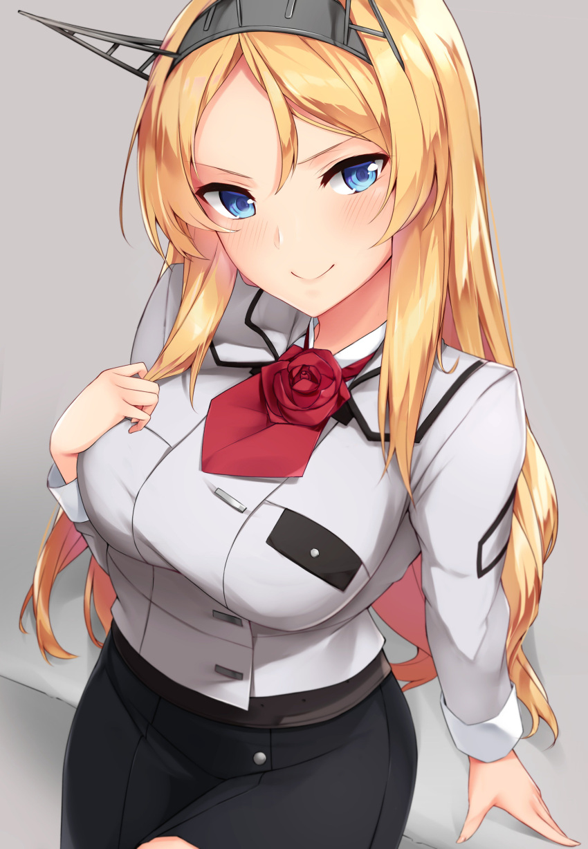 1girl absurdres arm_at_side ascot bangs blonde_hair blue_eyes blush breasts closed_mouth flower grey_background hair_between_eyes hairband hand_up head_tilt headgear highres hinacalibur jacket kantai_collection large_breasts long_hair long_sleeves looking_at_viewer military military_uniform nelson_(kantai_collection) pencil_skirt red_flower red_neckwear red_rose rose sidelocks simple_background skirt smile solo uniform