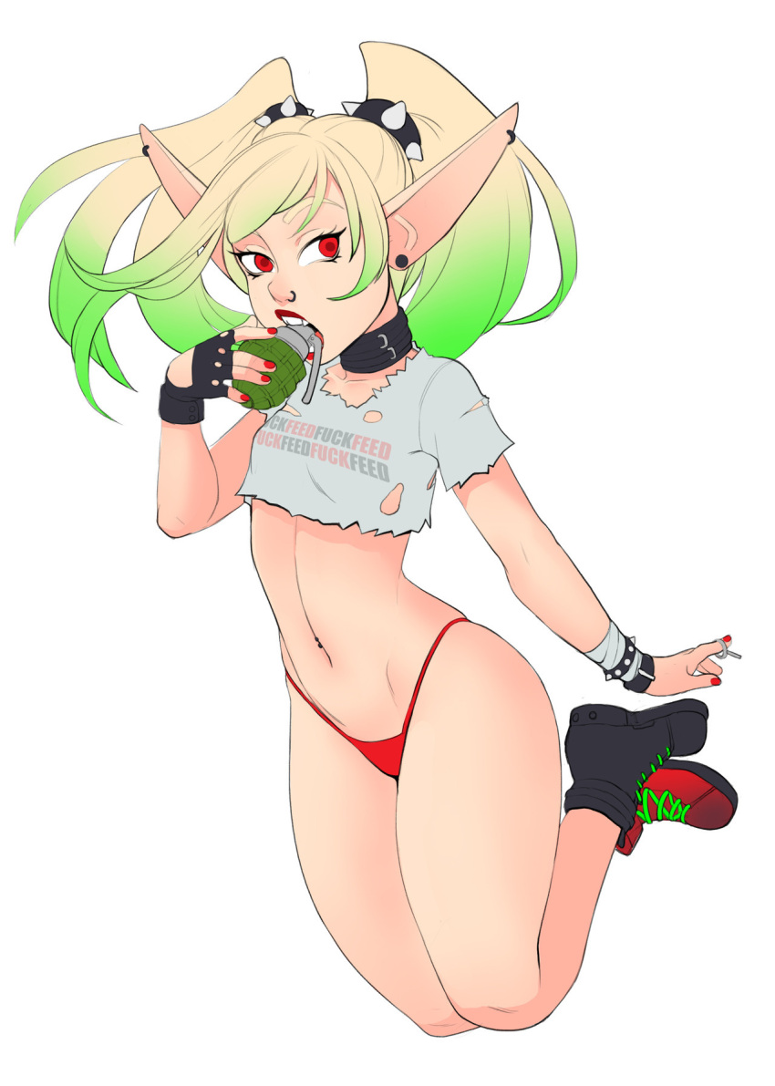 1girl ankle_boots black_gloves blonde_hair boots bracelet clothes_writing collar commentary crop_top ear_piercing explosive eyelashes eyeliner fangs fingerless_gloves flat_chest full_body gloves gradient_hair green_hair greenmarine grenade grenade_pin highleg highleg_panties highres jeanne_(greenmarine) jewelry jumping legs_together lipstick long_hair makeup multicolored_hair nail_polish navel navel_piercing no_pants nose nose_piercing nose_ring original panties petite piercing pointy_ears profanity red_eyes red_nails red_panties shirt single_glove solo spiked_bracelet spikes torn_clothes torn_shirt twintails underwear vampire white_background
