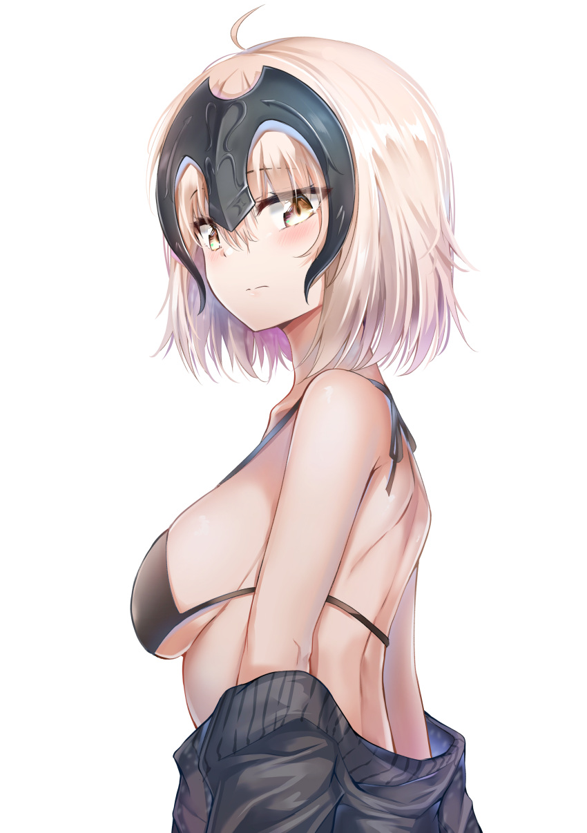 1girl absurdres ahoge blonde_hair blush breasts brown_eyes fate/grand_order fate_(series) highres jeanne_d'arc_(alter)_(fate) jeanne_d'arc_(fate)_(all) medium_breasts short_hair sideboob solo sunhyun swimsuit upper_body
