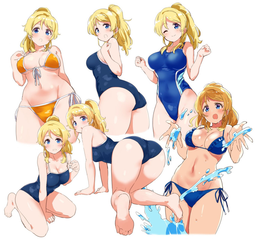 1girl all_fours ass ayase_eli barefoot bikini blonde_hair blue_bikini blue_eyes blue_swimsuit breasts cleavage competition_school_swimsuit competition_swimsuit cowboy_shot front-tie_top full_body highres kurokawa_makoto long_hair love_live! love_live!_school_idol_project medium_breasts multiple_views new_school_swimsuit one-piece_swimsuit orange_bikini ponytail school_swimsuit side-tie_bikini simple_background splashing swimsuit water white_background wide_hips