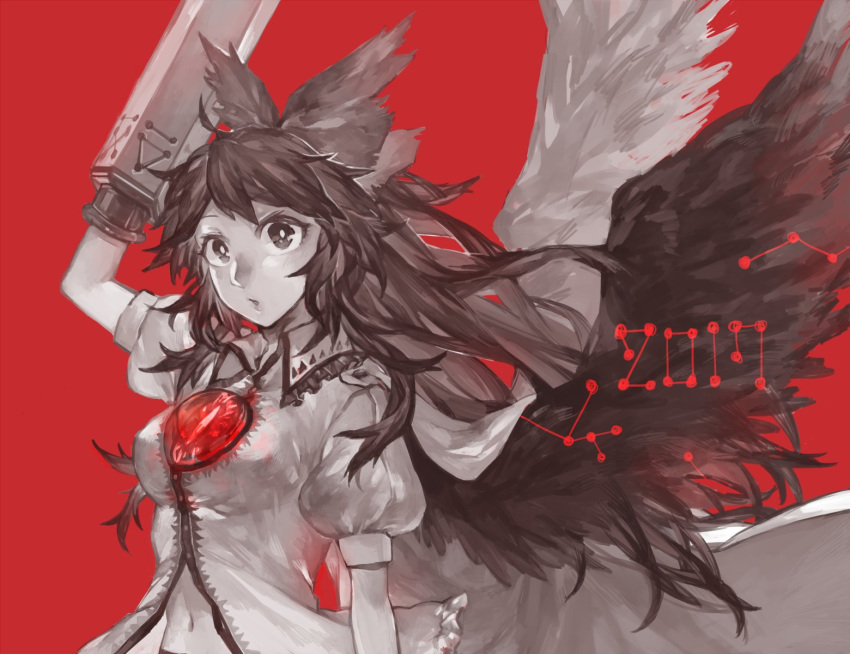 1girl 2017 ahoge arm_cannon arm_up bangs bird_wings blouse blush bow breasts cape hair_bow highres long_hair looking_at_viewer medium_breasts monochrome navel parted_lips puffy_short_sleeves puffy_sleeves red_background reiuji_utsuho shidaccc short_sleeves simple_background solo spot_color third_eye touhou upper_body very_long_hair weapon white_pupils wings
