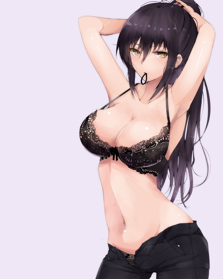 1girl armpits arms_behind_head arms_up bangs bare_shoulders black_bra black_hair black_panties black_pants blush bra breasts cleavage collarbone hair_between_eyes high_ponytail highres hips idolmaster idolmaster_shiny_colors lace lace-trimmed_bra large_breasts long_hair looking_at_viewer mouth_hold navel panties pants ponytail ryuu. shirase_sakuya simple_background solo strap_gap tying_hair unbuttoned unbuttoned_pants underwear waist yellow_eyes