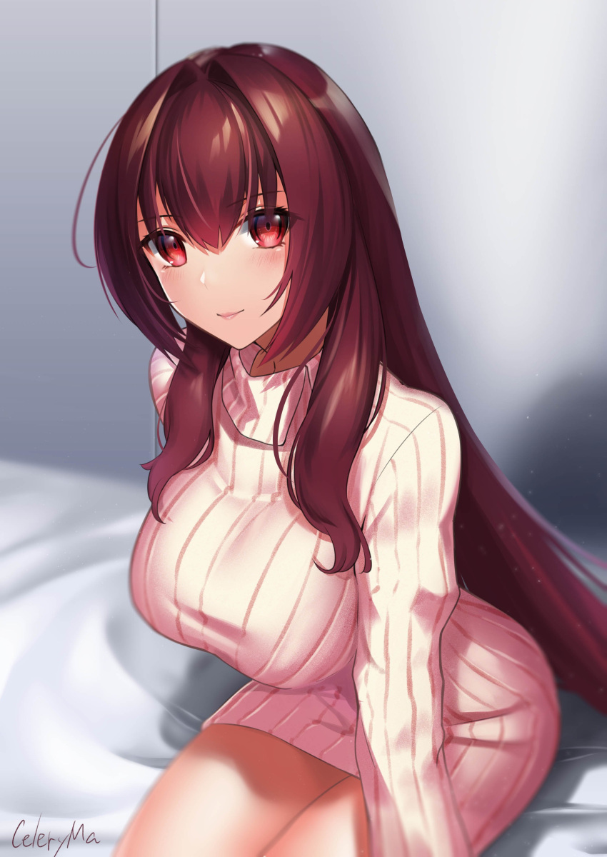 1girl absurdres artist_name bed breasts celeryma eyebrows_visible_through_hair fate/grand_order fate_(series) hair_intakes highres large_breasts lips long_hair looking_at_viewer purple_hair red_eyes ribbed_sweater scathach_(fate)_(all) scathach_(fate/grand_order) sitting smile solo sweater wall
