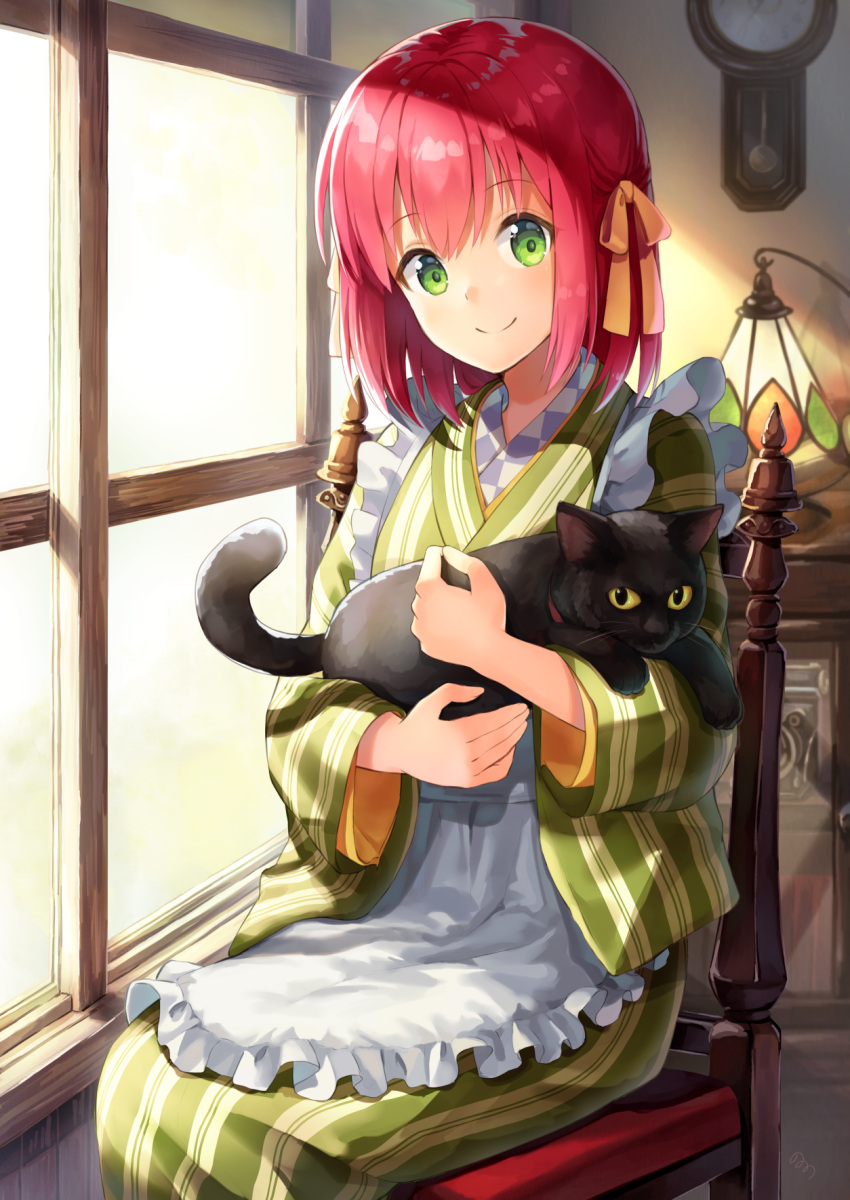 1girl apron bangs black_cat blush camera cat chair clock closed_mouth commentary_request day desk_lamp eyebrows_visible_through_hair feet_out_of_frame frilled_apron frills green_eyes green_kimono hair_ribbon head_tilt highres holding holding_cat indoors japanese_clothes kimono lamp long_sleeves looking_at_viewer medium_hair nonono on_chair original pendulum_clock pet redhead ribbon shelf signature sitting smile solo striped striped_kimono sunlight waist_apron window yellow_ribbon