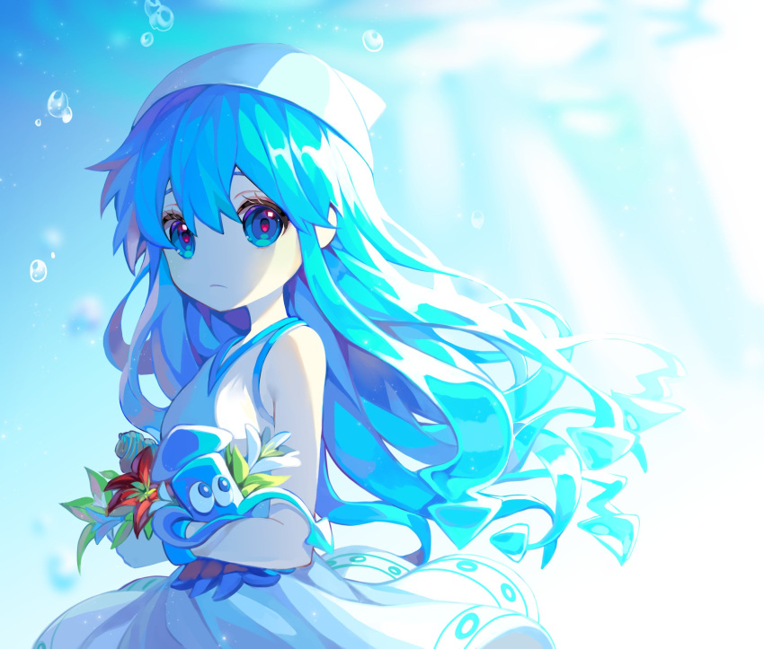 1girl blue_eyes blue_hair bracelet breasts bubble closed_mouth dress expressionless flower ha_youn hat heart heart-shaped_pupils highres ikamusume jewelry looking_at_viewer shinryaku!_ikamusume sleeveless sleeveless_dress small_breasts solo squid squid_hat symbol-shaped_pupils tentacle_hair white_dress white_hat